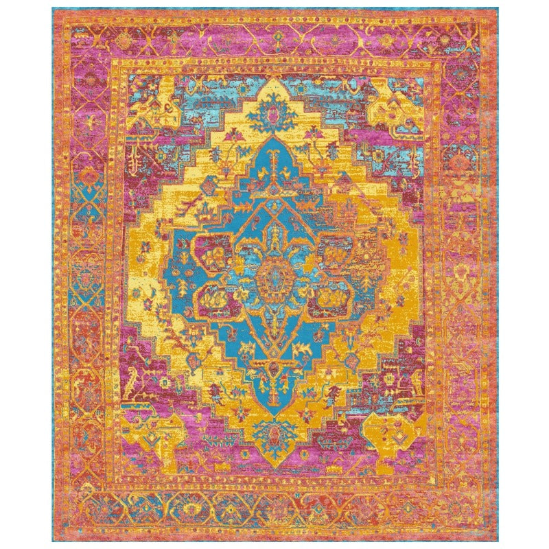 Contemporary Heriz designer rug 15975, 80% silk and 20% wool, gold, fuchsia and turquoise — Djoharian Collection