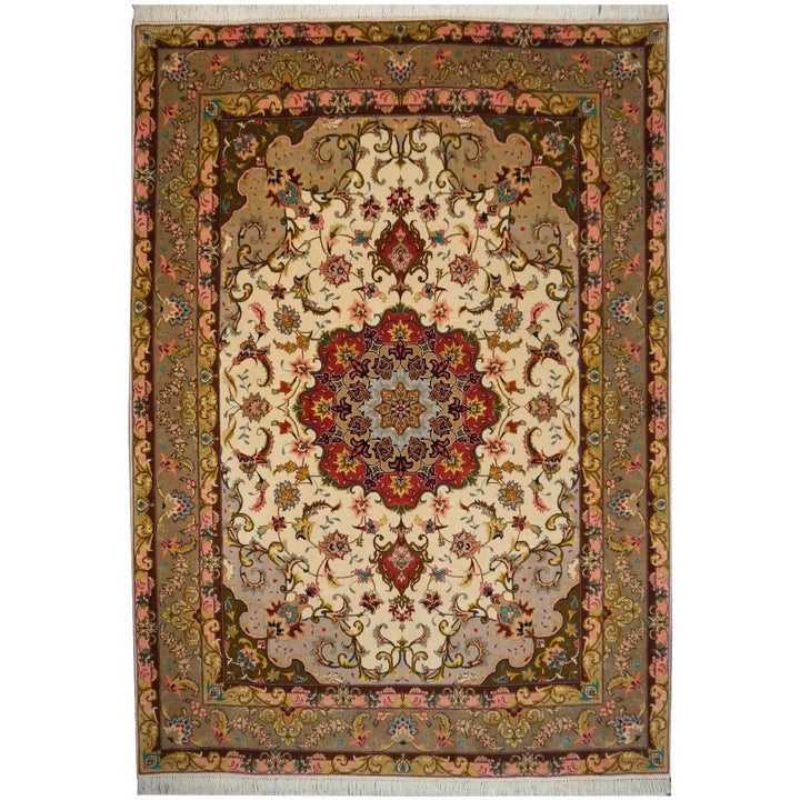 Hand-knotted Tabriz Persian rug 50 Raj made of Kurkwool and silk, floral medallion design in beige, green and red, 7 x 5 ft.