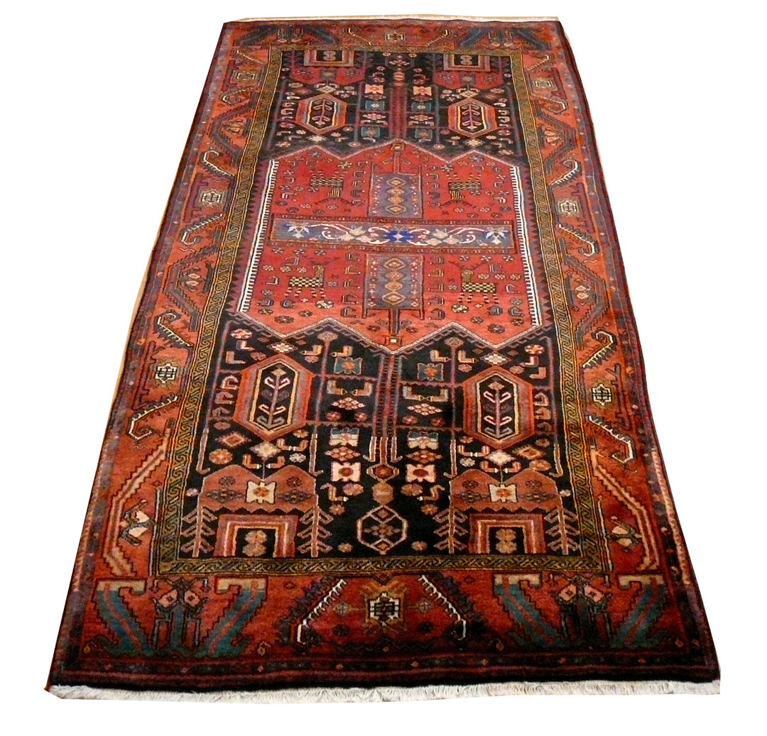 Bidjar rug 130 x 274 cm, vintage, red and black animal design, 08853 – full view