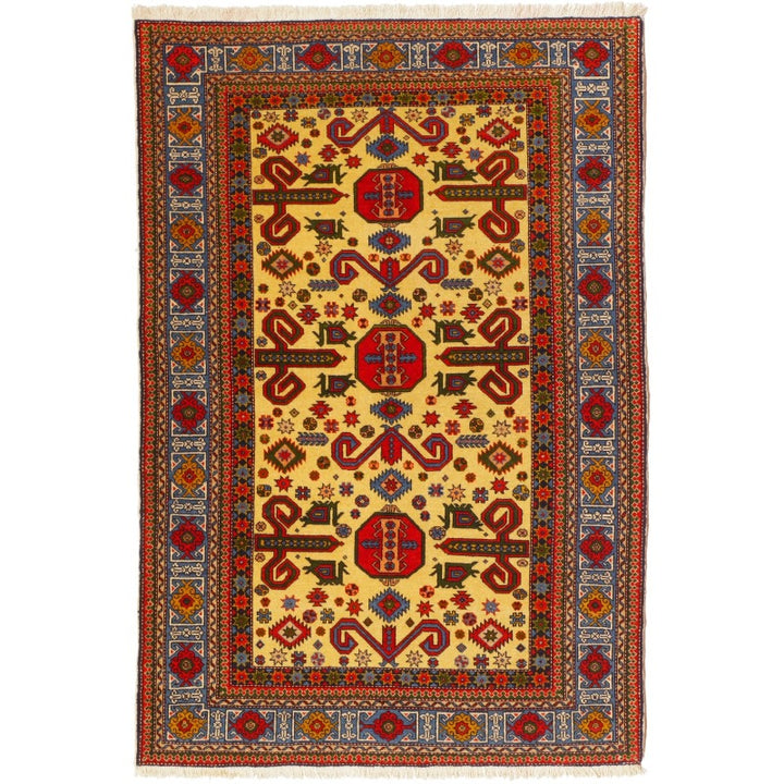 Perpedil Caucasian rug 192 × 130 cm yellow geometric, full view – Djoharian 09822