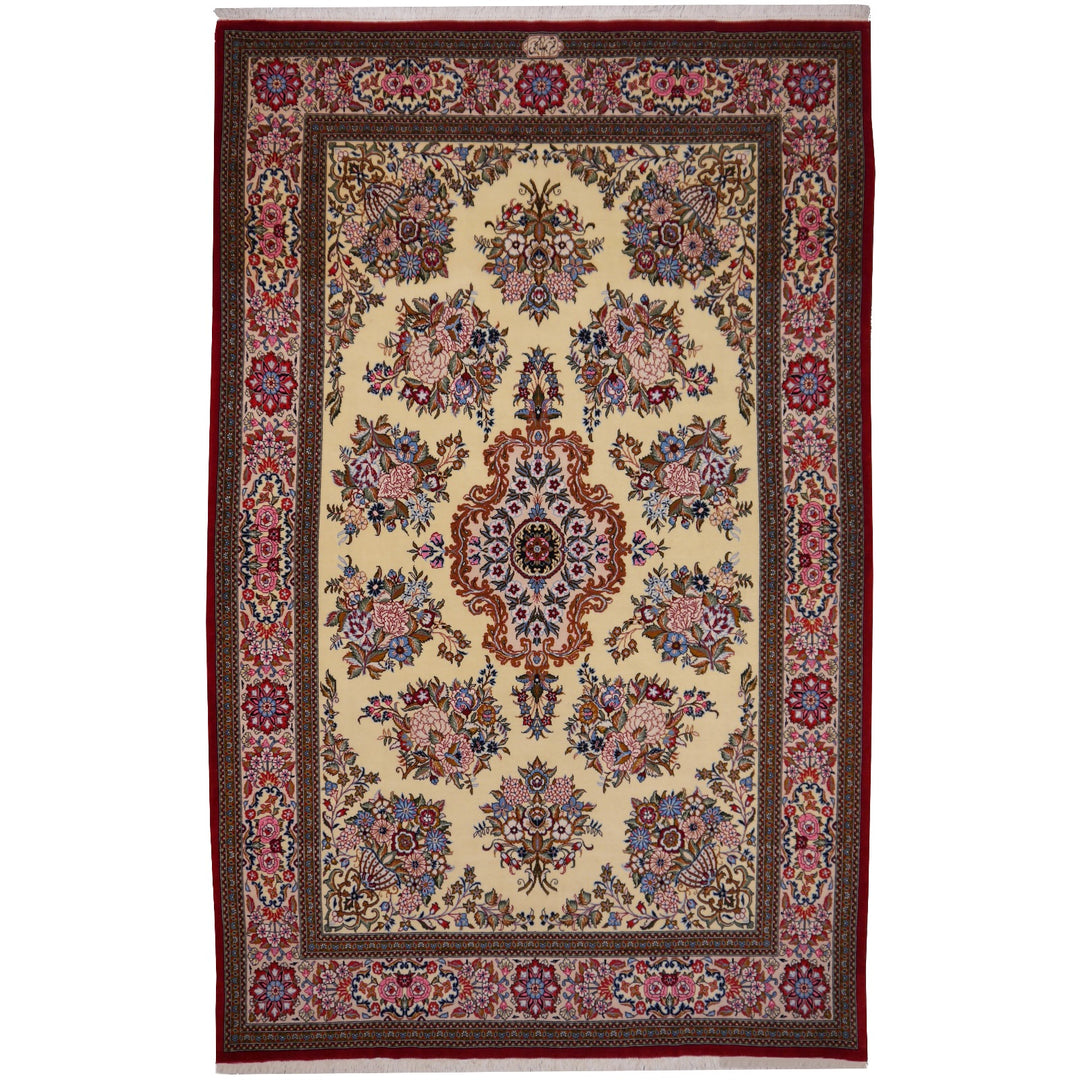 Qum rug 140 x 223 cm, signed, ivory floral bouquet medallion, 10476 – full view
