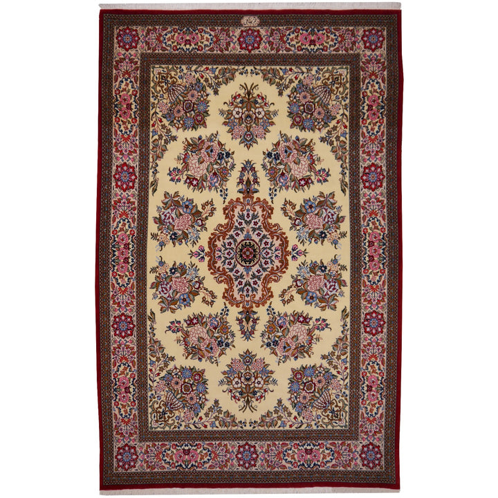 Qum rug 140 x 223 cm, signed, ivory floral bouquet medallion, 10476 – full view