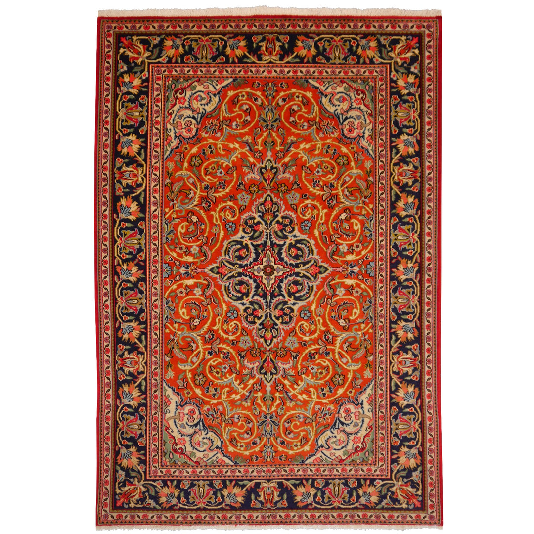 Qum rug 132 x 208 cm, kork wool, orange and navy medallion, 10477 – full view