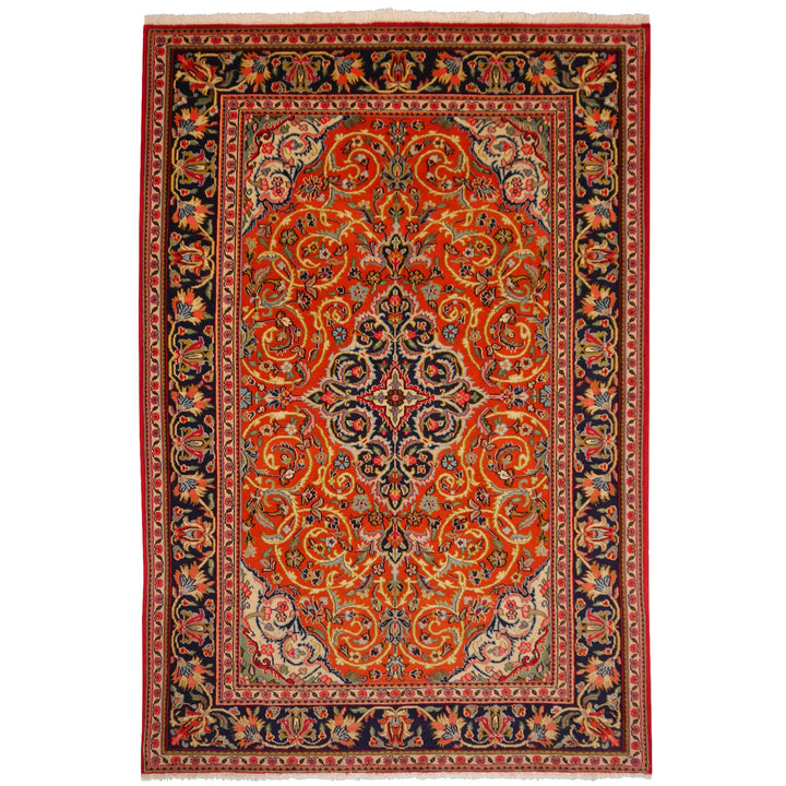 Qum rug 132 x 208 cm, kork wool, orange and navy medallion, 10477 – full view
