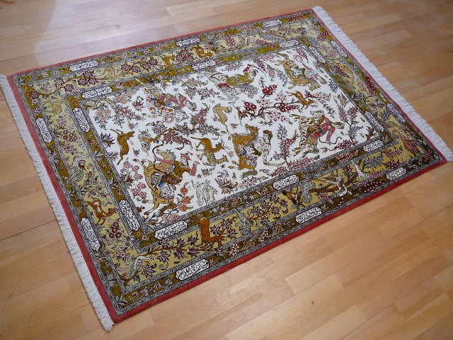 Qum Ghom Silk Hunting Rug hand-knotted