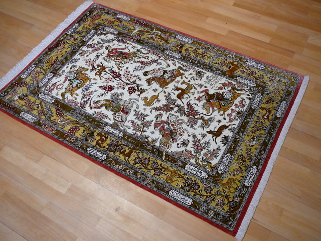 Qum Ghom Silk Hunting Rug hand-knotted