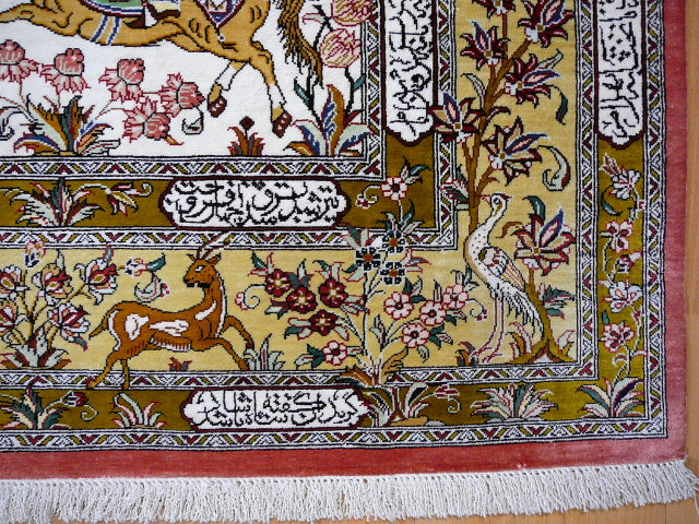 Qum Ghom Silk Hunting Rug hand-knotted