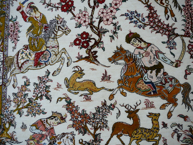 Qum Ghom Silk Hunting Rug hand-knotted