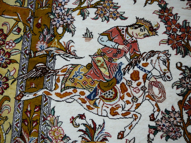 Qum Ghom Silk Hunting Rug hand-knotted