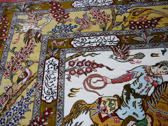 Qum Ghom Silk Hunting Rug hand-knotted