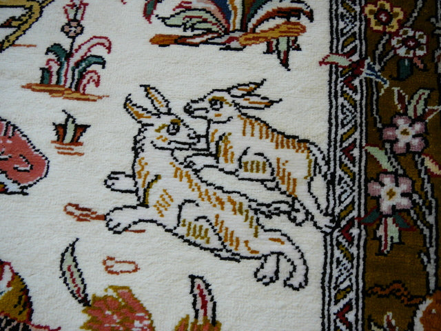 Qum Ghom Silk Hunting Rug hand-knotted