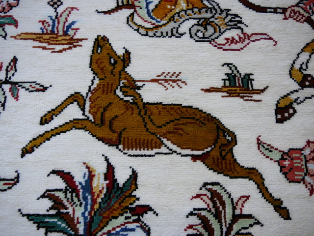 Qum Ghom Silk Hunting Rug hand-knotted