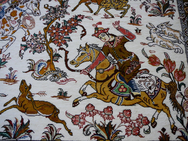 Qum Ghom Silk Hunting Rug hand-knotted