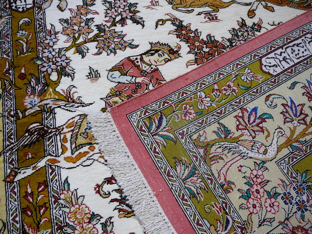 Qum Ghom Silk Hunting Rug hand-knotted