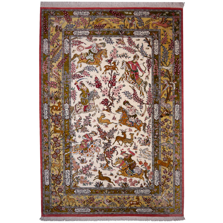 Qum Ghom Silk Hunting Rug hand-knotted