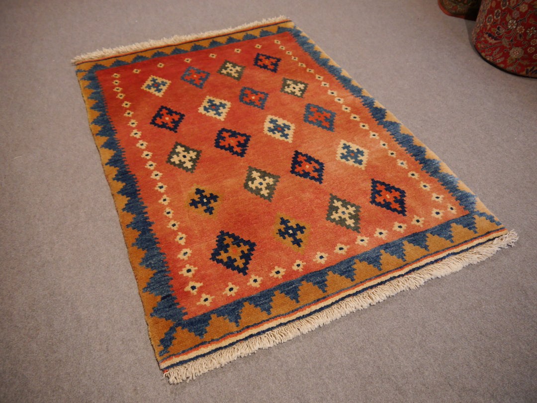 Loribaft tribal rug 147 x 104 cm, kelim design in terracotta and blue – full view – 11861