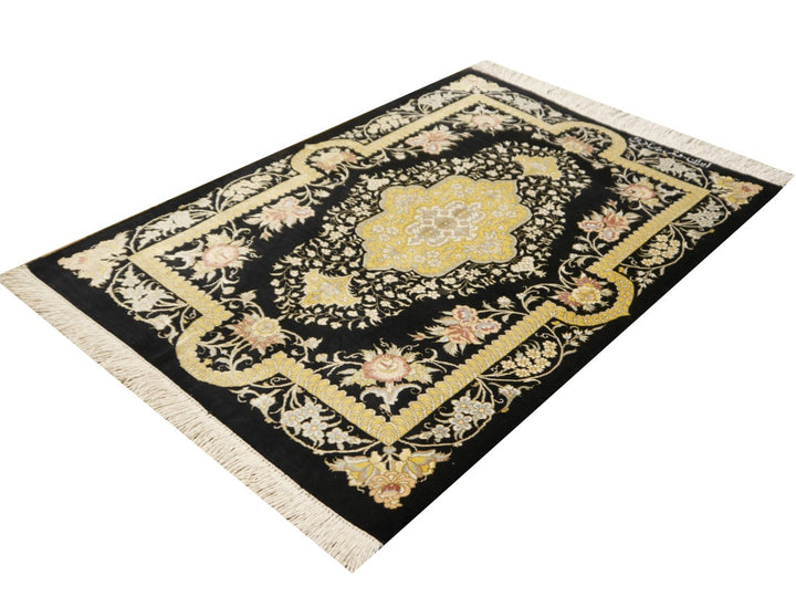 Qum silk rug gold-yellow medallion detail – 13195