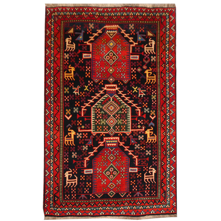Loribaft Aghamiri Persian tribal rug from the Bakhtiari region of Iran, handspun wool, natural dyes, 247 × 165 cm, navy ground with red borders and animal motifs | Djoharian 13357