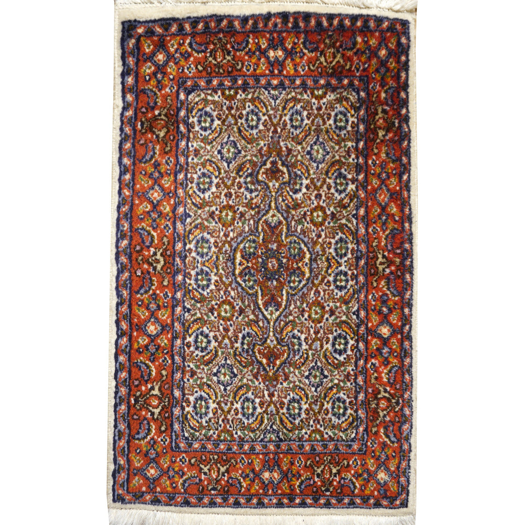 Moud Birjand rug 60 × 40 cm, ivory Mahi field with rust red border, viewed from above | 13377