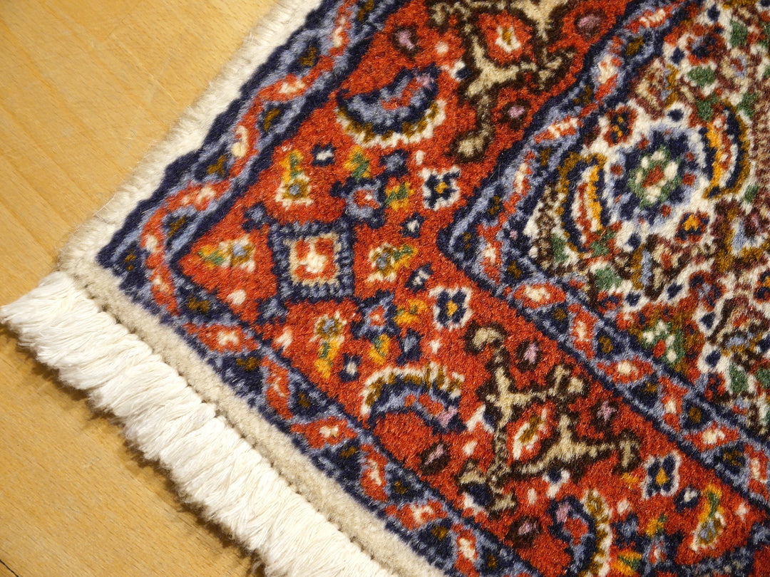 Corner of the Moud Birjand rug with undyed cotton fringe and indigo guard stripes | 13377