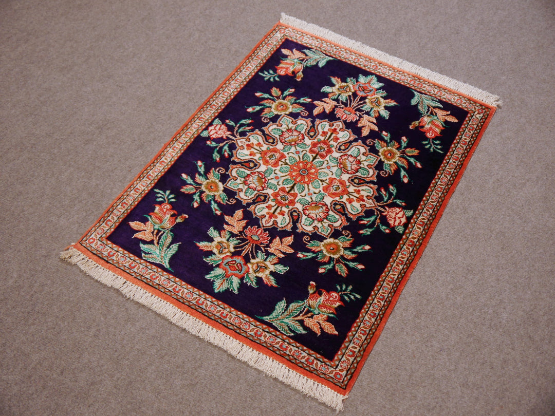 Tapis Ghom Soie Médaillon Bleu Indigo 79 × 56 cm | 13635