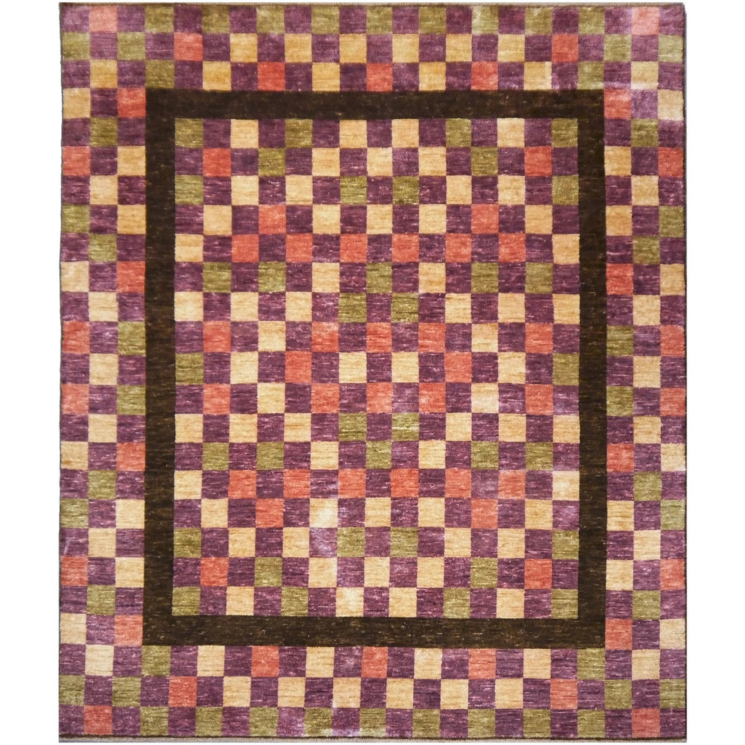 Loribaft modern designer rug, handspun New Zealand wool, hand-knotted in Agra India, 280 × 258 cm, checkerboard in purple, coral and olive | Djoharian 13889