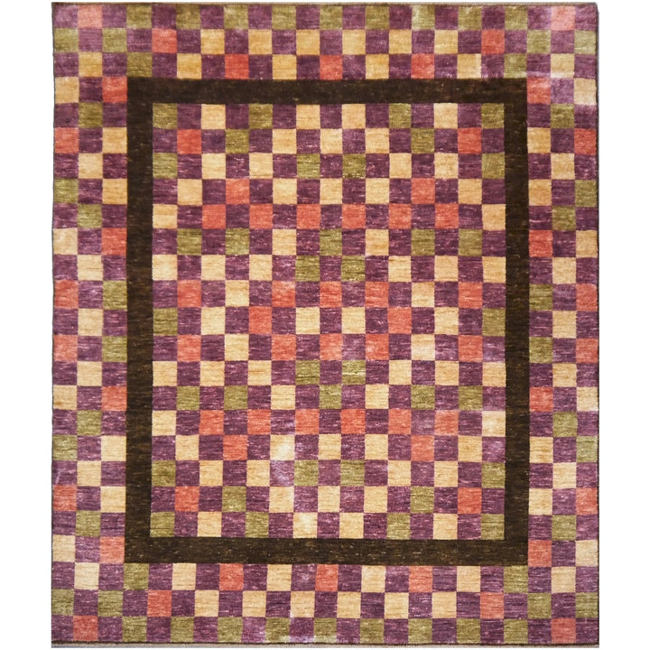 Loribaft modern designer rug, handspun New Zealand wool, hand-knotted in Agra India, 280 × 258 cm, checkerboard in purple, coral and olive | Djoharian 13889