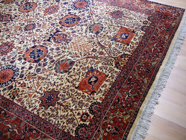 Mughal Agra rug, large format, beige Tabriz design — corner and fringe