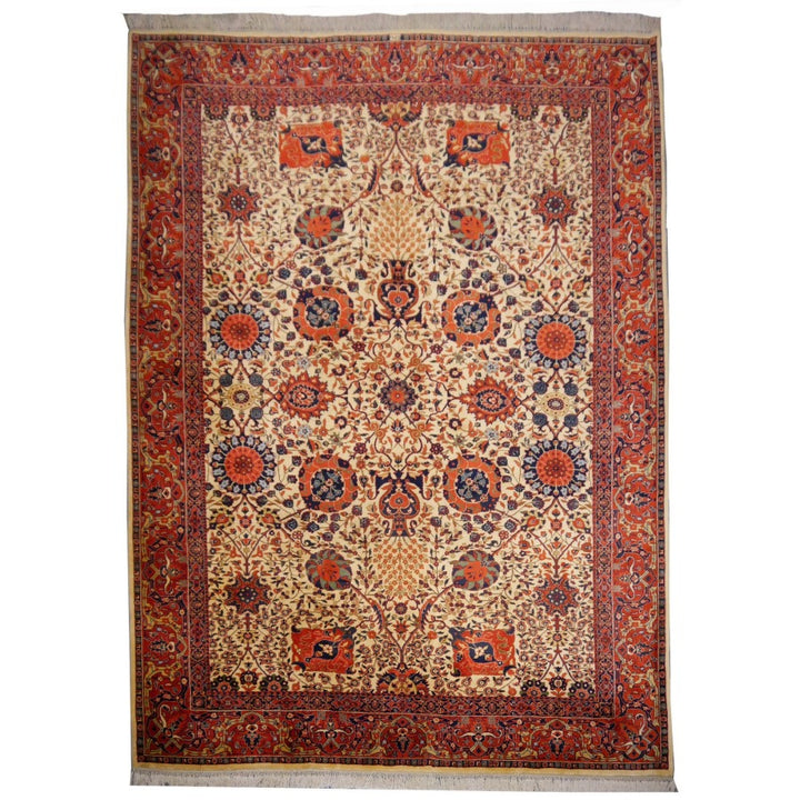 Mughal Agra rug in vintage Tabriz design, beige, 343 × 260 cm, hand-knotted — full view