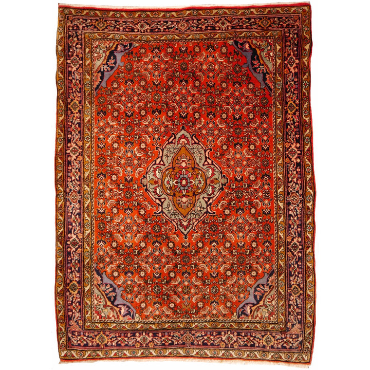 Vintage Perserteppich Bidjar, 159 × 114 cm, durchgehendes Herati auf leuchtendem Orangerot mit kleinem seladonfarbenem Medaillon und marineblauen Eckzwickeln — Gesamtansicht