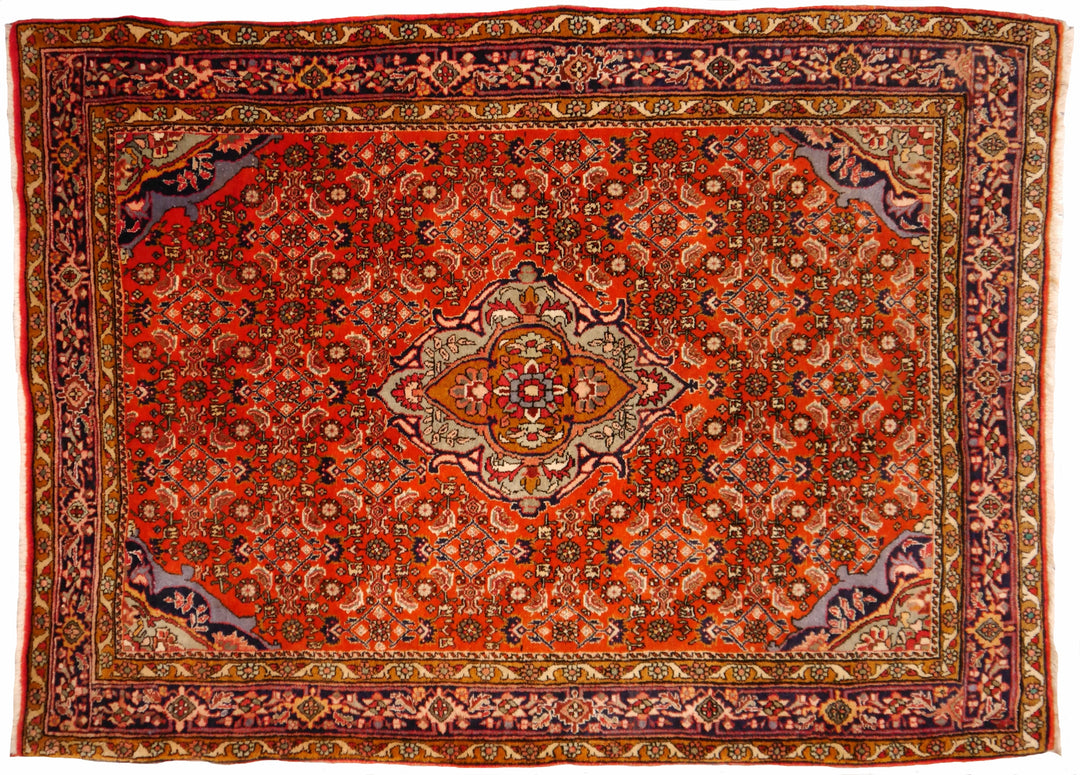Vintage Bidjar flach ausgelegt — das Herati-Gitter läuft ununterbrochen von Bordüre zu Bordüre über das orangerote Feld