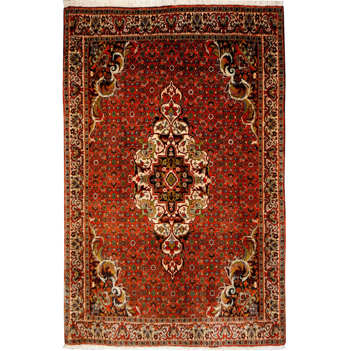 Perserteppich Bidjar Tekab, 170 × 110 cm, Mahi Herati auf Rostrot mit Elfenbein-Medaillon und dunklen Eckzwickeln mit großen Rankenvoluten — Gesamtansicht