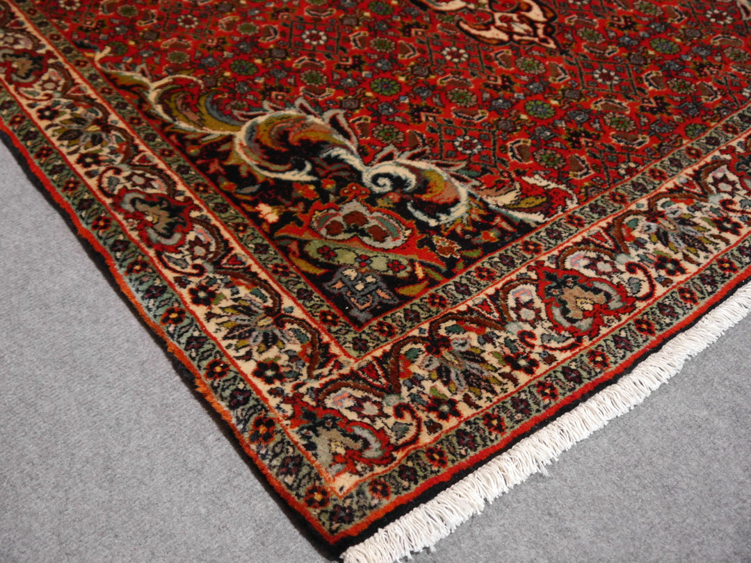 Bordürendetail des Bidjar Tekab — Palmettenranke auf Beige-Elfenbein neben dem fast schwarzen Eckzwickel
