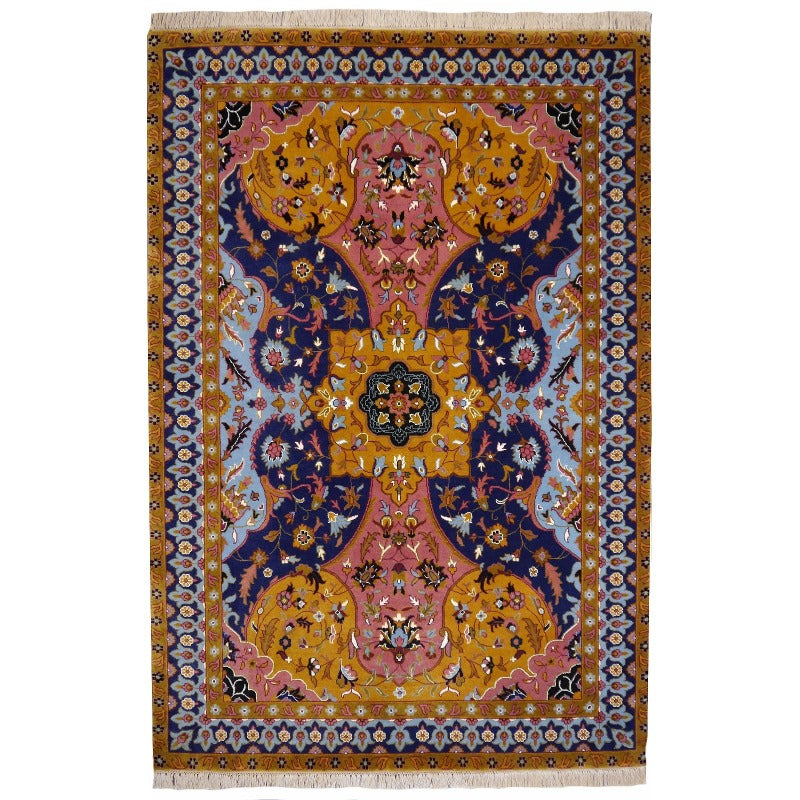 Discover this 6x4 ft Tabriz rug in the iconic PETAG style. Hand-knotted from premium New Zealand Merino wool. Blue & Olive tones. Fair Trade certified. Shop now!