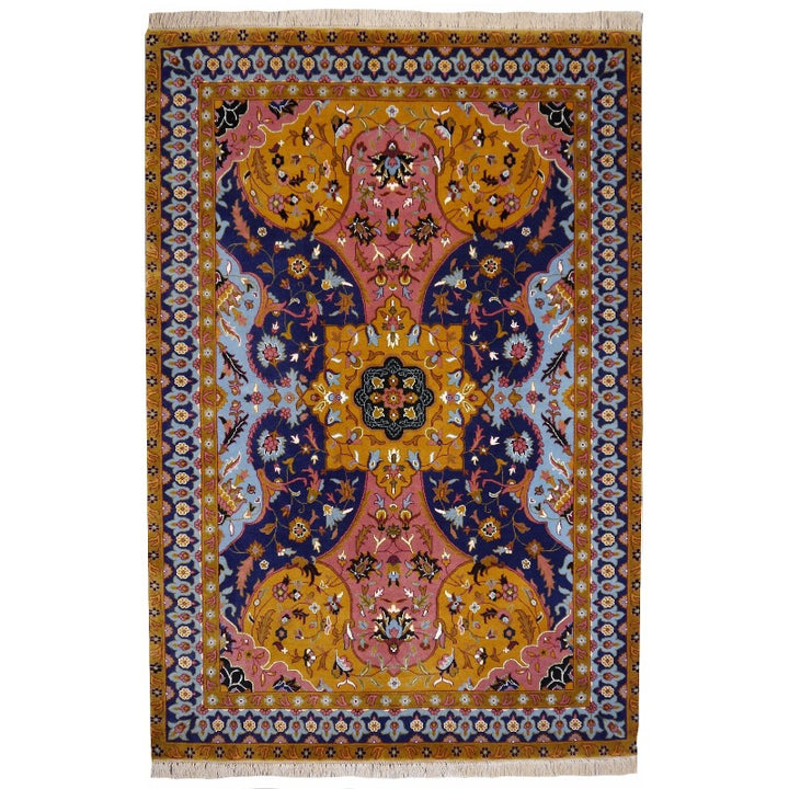 Discover this 6x4 ft Tabriz rug in the iconic PETAG style. Hand-knotted from premium New Zealand Merino wool. Blue & Olive tones. Fair Trade certified. Shop now!