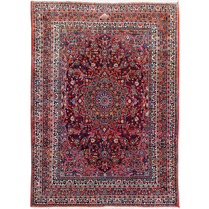 Signed semi-antique Doroksh Persian rug from the Khorasan region of Iran, c. 1925–1950, hand-knotted wool, 350 × 265 cm, radiant central floral medallion in carmine red, midnight blue, ivory and gold | Djoharian 14696