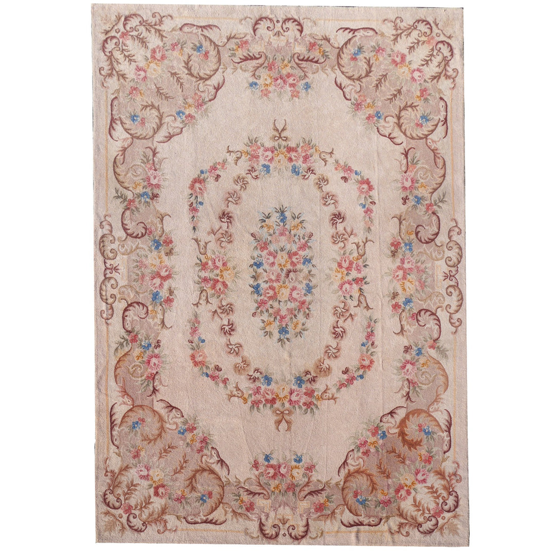 Antique Arraiolos needlepoint rug from Portugal in the French Aubusson style, hand-embroidered pure wool on linen, 450 × 325 cm, floral medallion in beige, light blue and rose | Djoharian 14717