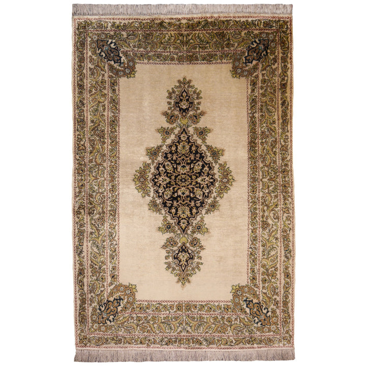 Vintage Qum Silk Rug 3 x 5 ft (105 x 165 cm) Beige | 14739