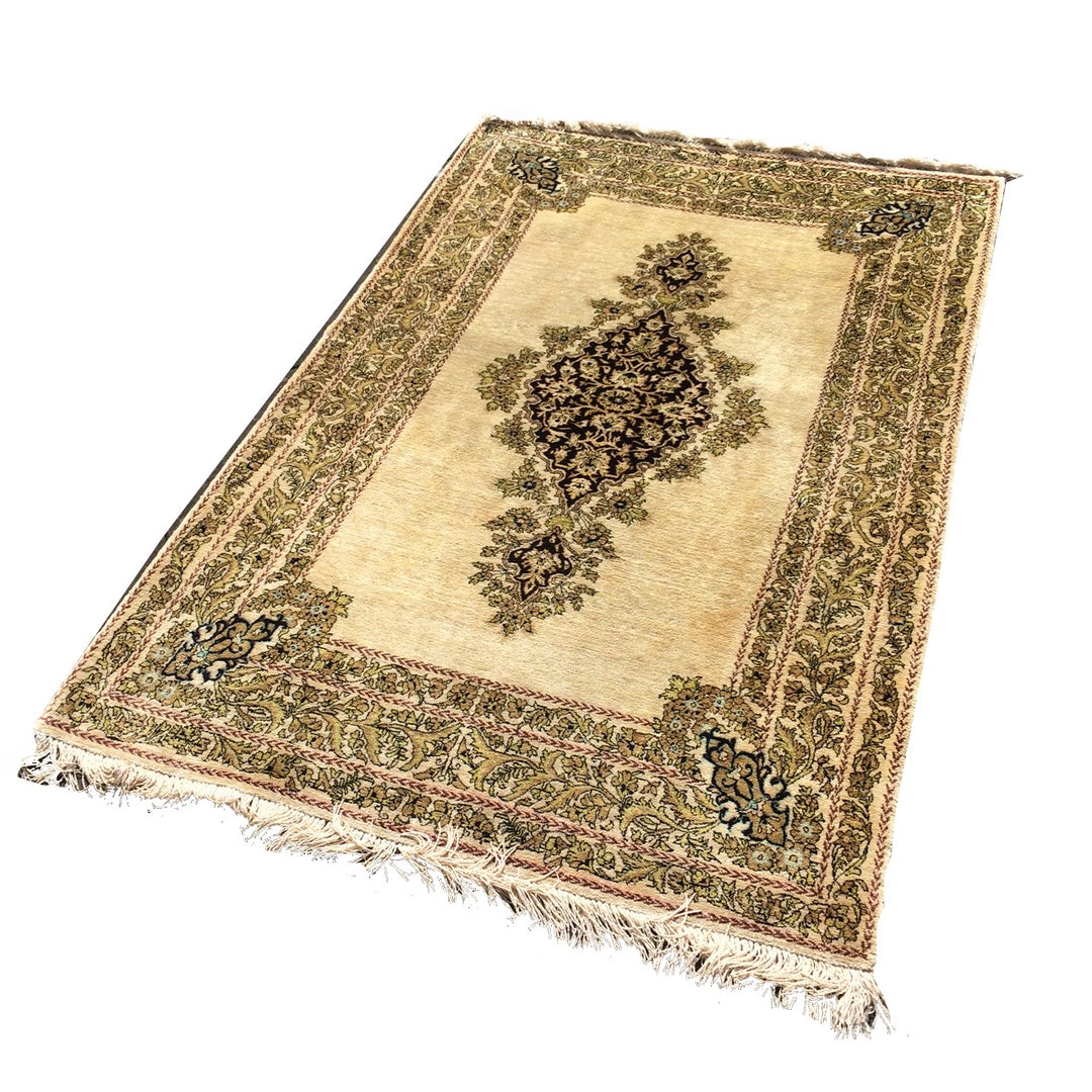 Vintage Qum Silk Rug 3 x 5 ft (105 x 165 cm) Beige | 14739