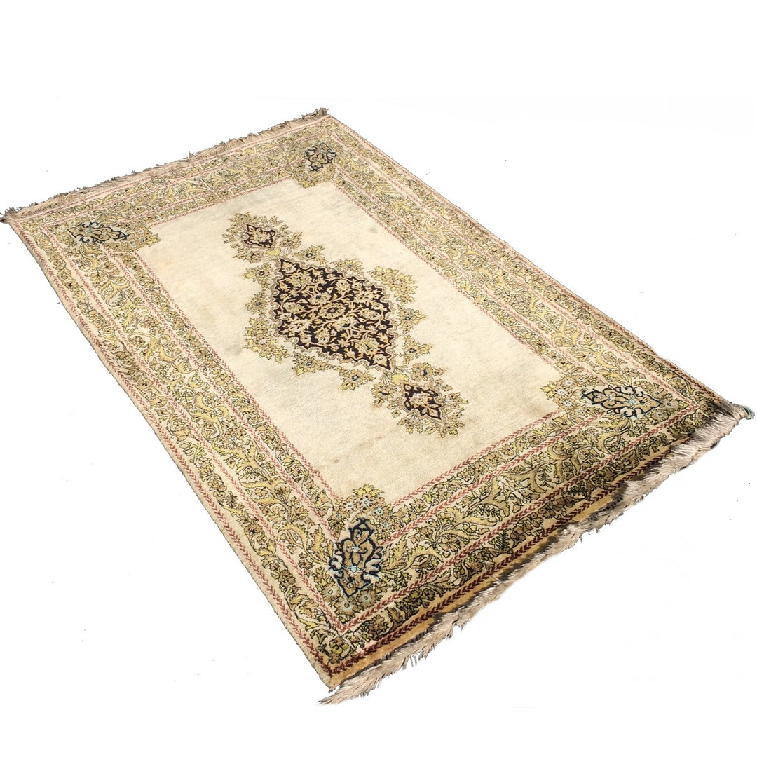 Vintage Qum Silk Rug 3 x 5 ft (105 x 165 cm) Beige | 14739