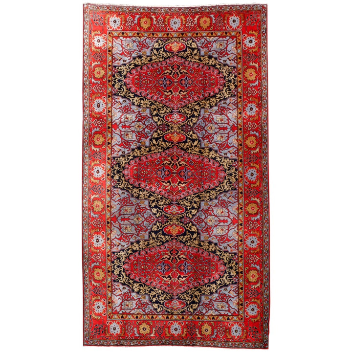 Semi-antique Oushak medallion rug 412 × 228 cm, red and navy — Djoharian 14757
