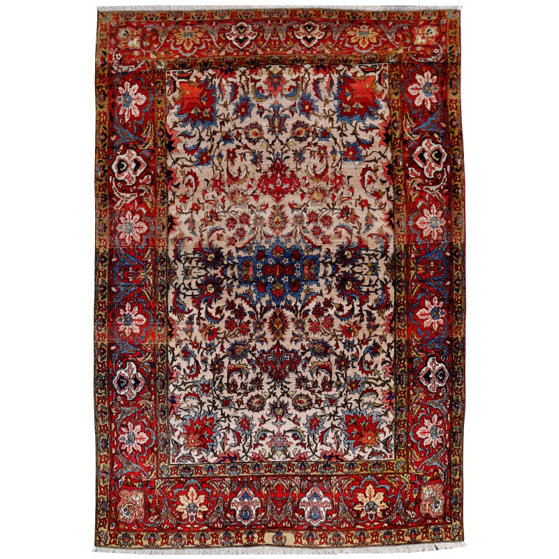 Antique Isfahan Persian rug, c. 120–130 years old, hand-knotted wool from the Ahmad workshop in Isfahan, Iran, 212 × 140 cm, classic floral design in beige, red, rose and blue | Djoharian 14828