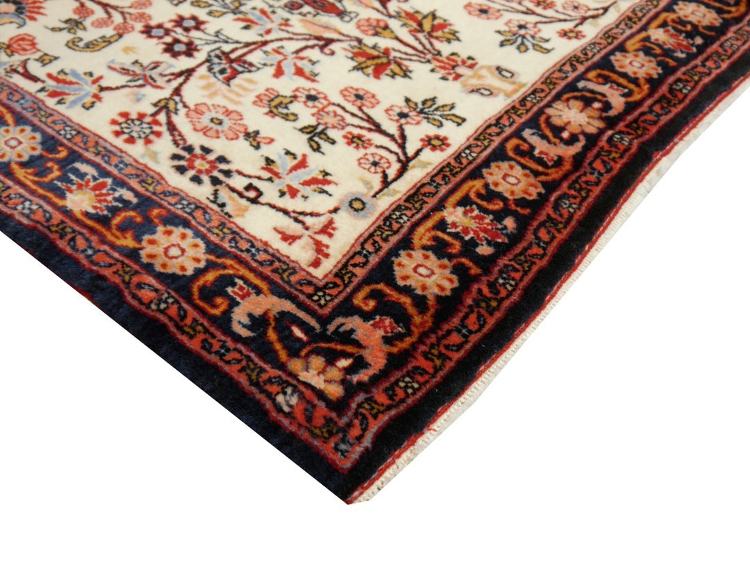 Fine hand-knotted Vintage Rose-Bidjar Persian rug, 3.7 x 2.5 ft, ivory field with blue border and rust medallion 02