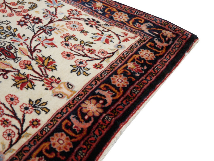 Fine hand-knotted Vintage Rose-Bidjar Persian rug, 3.7 x 2.5 ft, ivory field with blue border and rust medallion 03