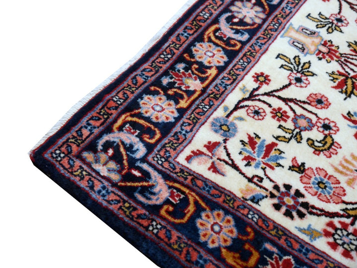 Fine hand-knotted Vintage Rose-Bidjar Persian rug, 3.7 x 2.5 ft, ivory field with blue border and rust medallion 04