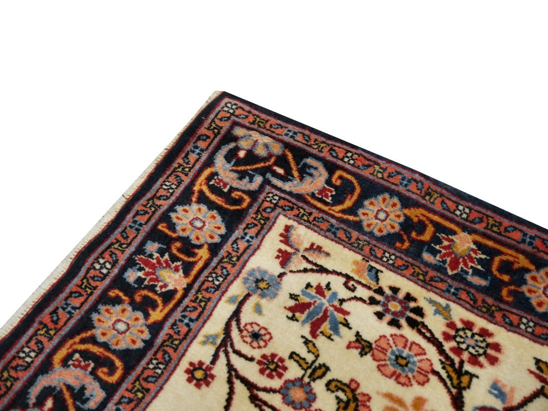 Fine hand-knotted Vintage Rose-Bidjar Persian rug, 3.7 x 2.5 ft, ivory field with blue border and rust medallion 05