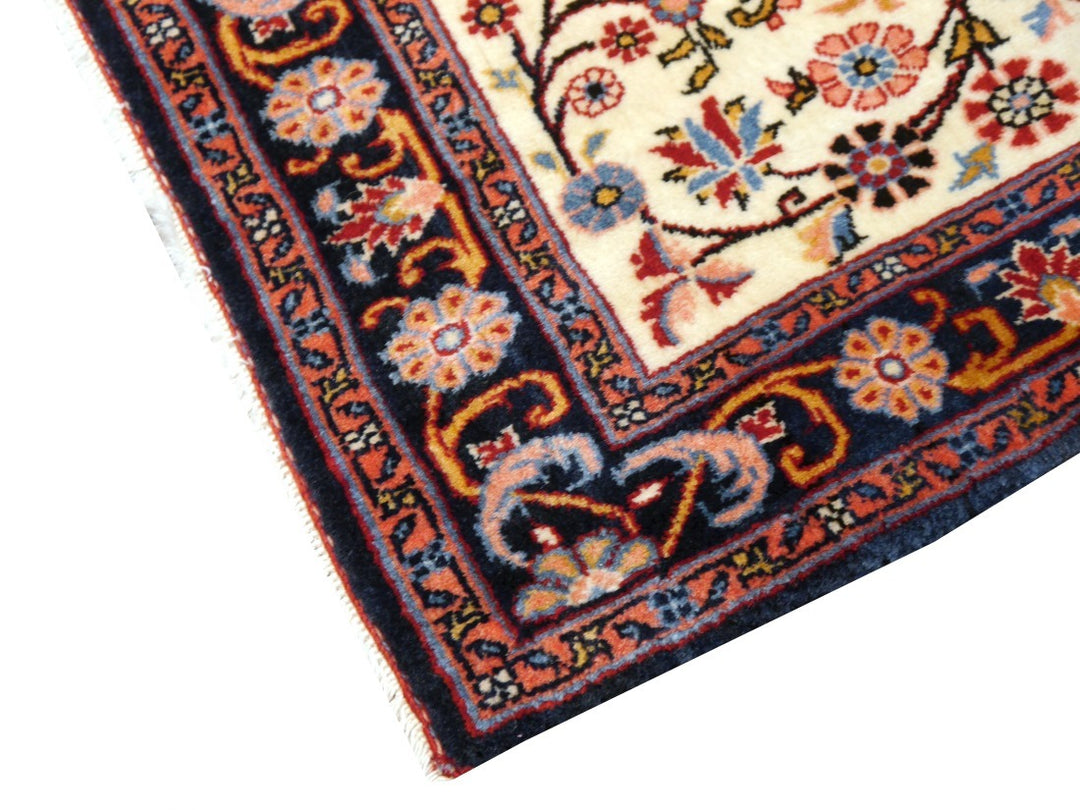 Fine hand-knotted Vintage Rose-Bidjar Persian rug, 3.7 x 2.5 ft, ivory field with blue border and rust medallion 06