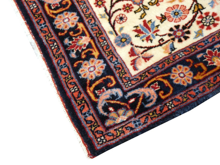 Fine hand-knotted Vintage Rose-Bidjar Persian rug, 3.7 x 2.5 ft, ivory field with blue border and rust medallion 06
