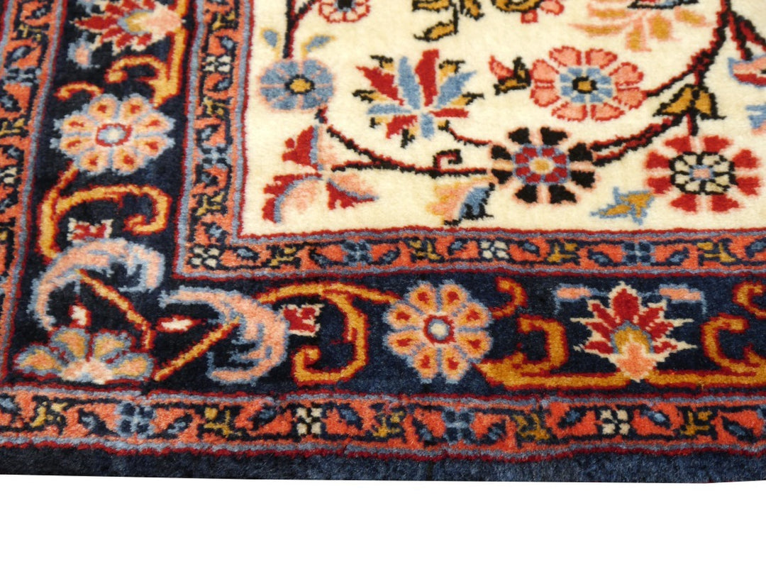 Fine hand-knotted Vintage Rose-Bidjar Persian rug, 3.7 x 2.5 ft, ivory field with blue border and rust medallion 07