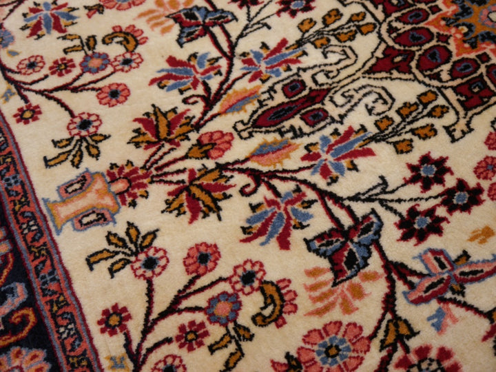 Fine hand-knotted Vintage Rose-Bidjar Persian rug, 3.7 x 2.5 ft, ivory field with blue border and rust medallion 08
